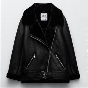 Zara Black biker style coat with fur lining